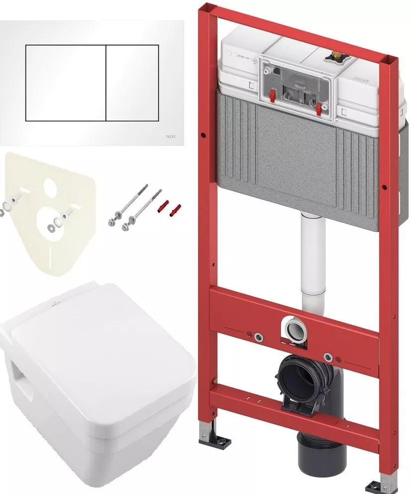 Комплект Система инсталляции для унитазов TECE Base 9400413 4 в 1 с кнопкой смыва + Унитаз подвесной Villeroy & Boch Architectura 5685HR01 alpin