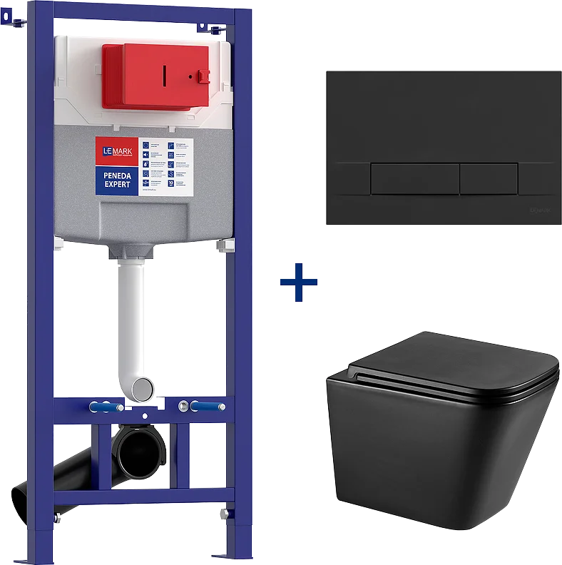 Комплект унитаза с инсталляцией Lemark Florex черный матовый, с сиденьем микролифт и клавишей смыва черный матовый