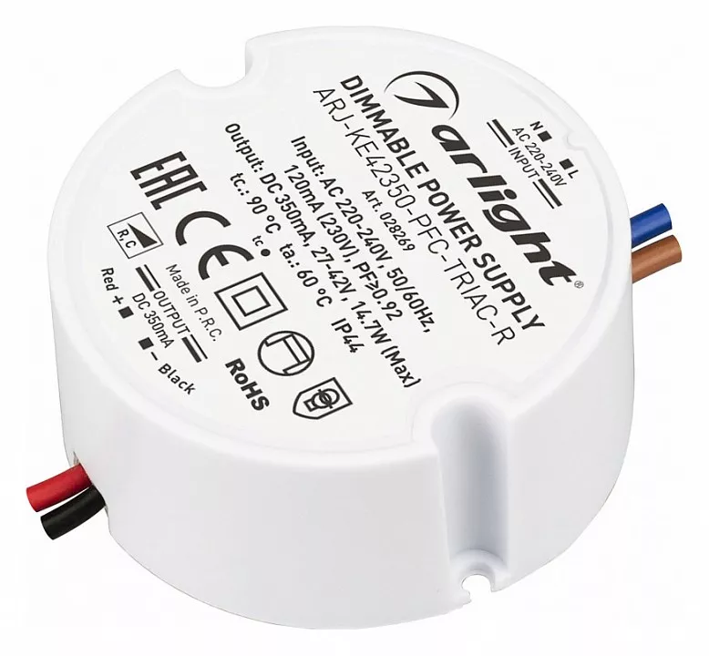 

Драйвер Arlight ARJ-KE42350-PFC-Triac-R 27-42V 15W IP44 0,35A 028269