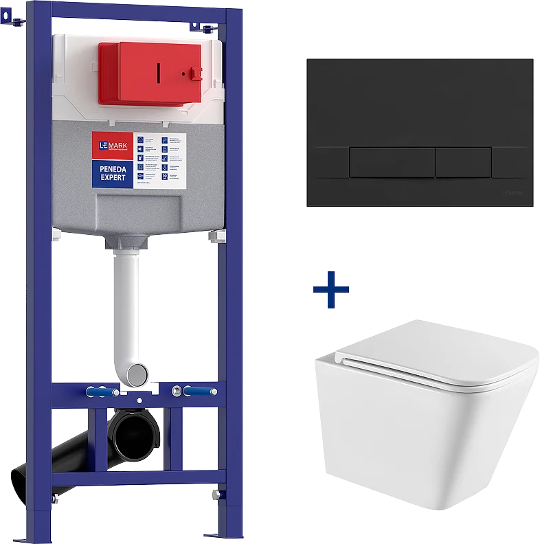 Комплект унитаза с инсталляцией Lemark Florex 100122424 белый, с сиденьем микролифт и клавишей смыва черный матовый