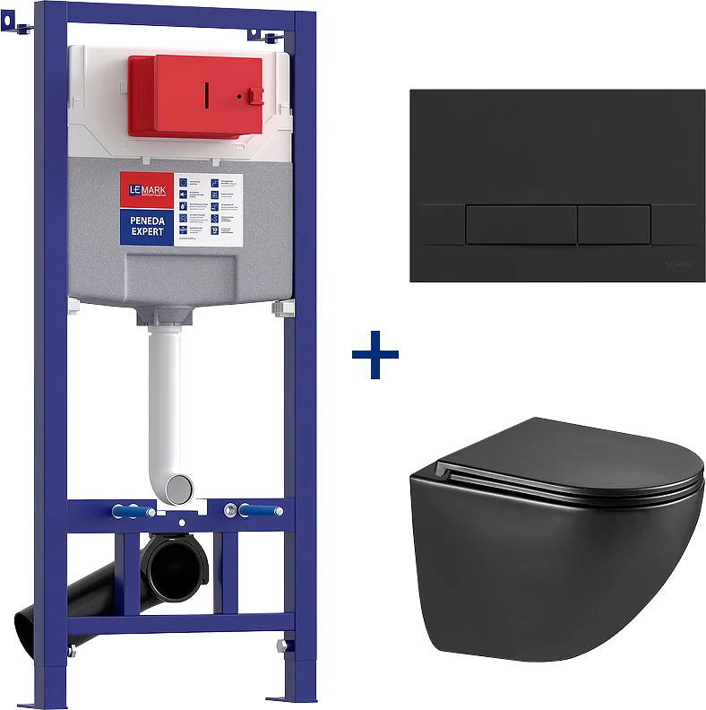 Комплект унитаза с инсталляцией Lemark Glazer черный матовый, с сиденьем микролифт и клавишей смыва черный матовый