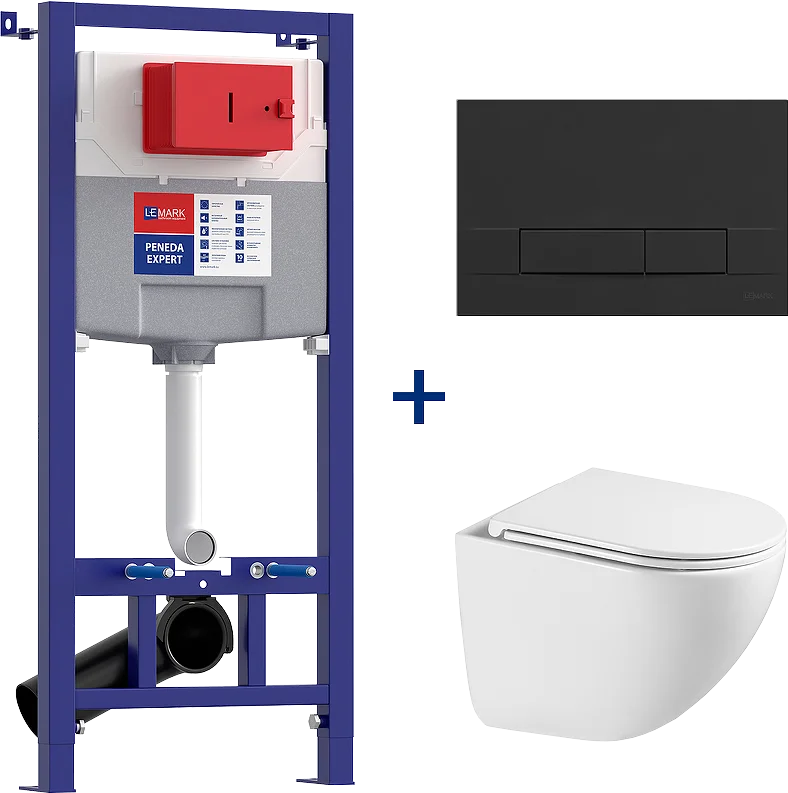 Комплект унитаза с инсталляцией Lemark Glazer 100122432 белый, с сиденьем микролифт и клавишей смыва черный матовый