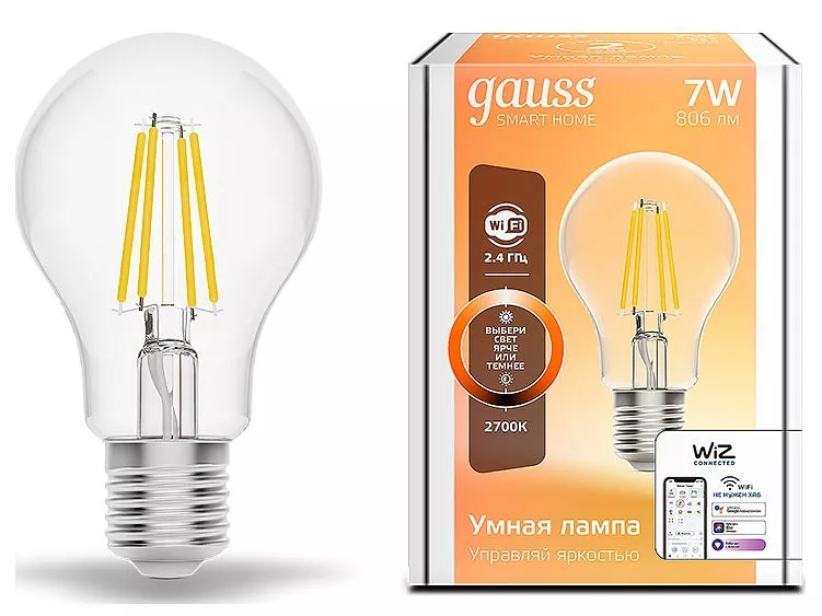 Лампа светодиодная диммируемая филаментная Gauss Smart Home Filament E27 7W 2700K прозрачная 1200112 - фото 1