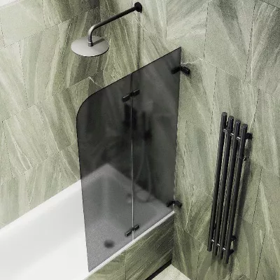 Шторка на ванну складная MaybahGlass 140х51 профиль черный, стекло графит матовый