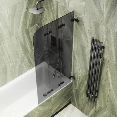 Шторка на ванну складная MaybahGlass 140х75 профиль черный, стекло графит