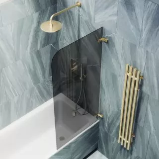 Шторка на ванну поворотная MaybahGlass 140х40 профиль золотой, стекло графит