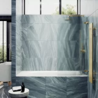 Шторка на ванну поворотная MaybahGlass 140х70 профиль золотой, стекло сатин