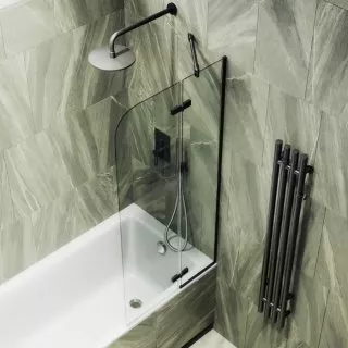 Шторка на ванну поворотная MaybahGlass 140х69 профиль черный, стекло прозрачное