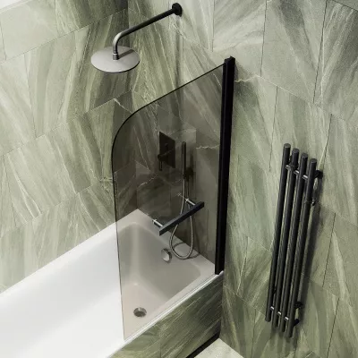 Шторка на ванну поворотная с полотенцедержателем MaybahGlass 140х70 профиль черный, стекло бронза
