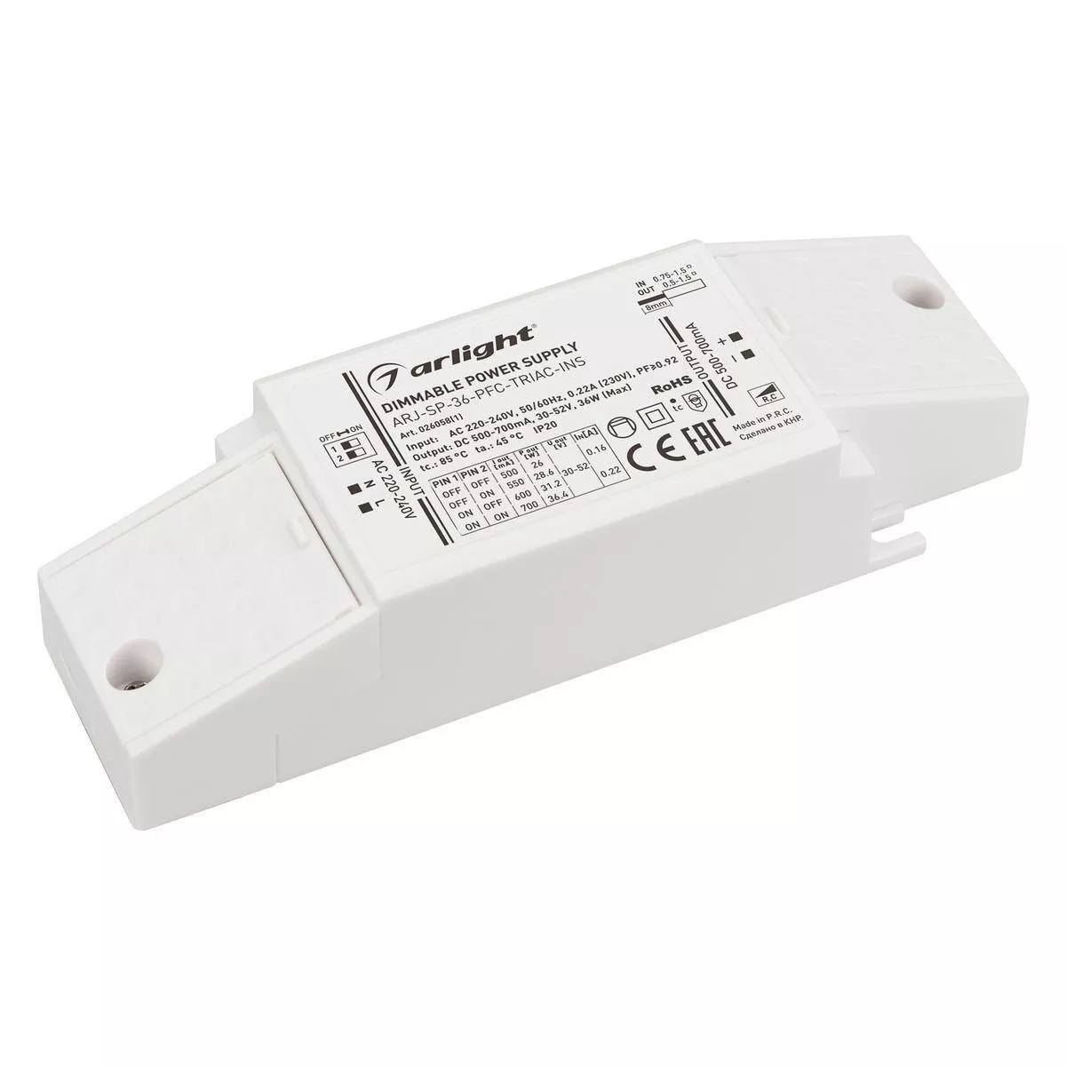 

Драйвер Arlight ARJ-SP-36-PFC-Triac-INS 30-52V 36W IP20 0,5-0,7A 026058(1)