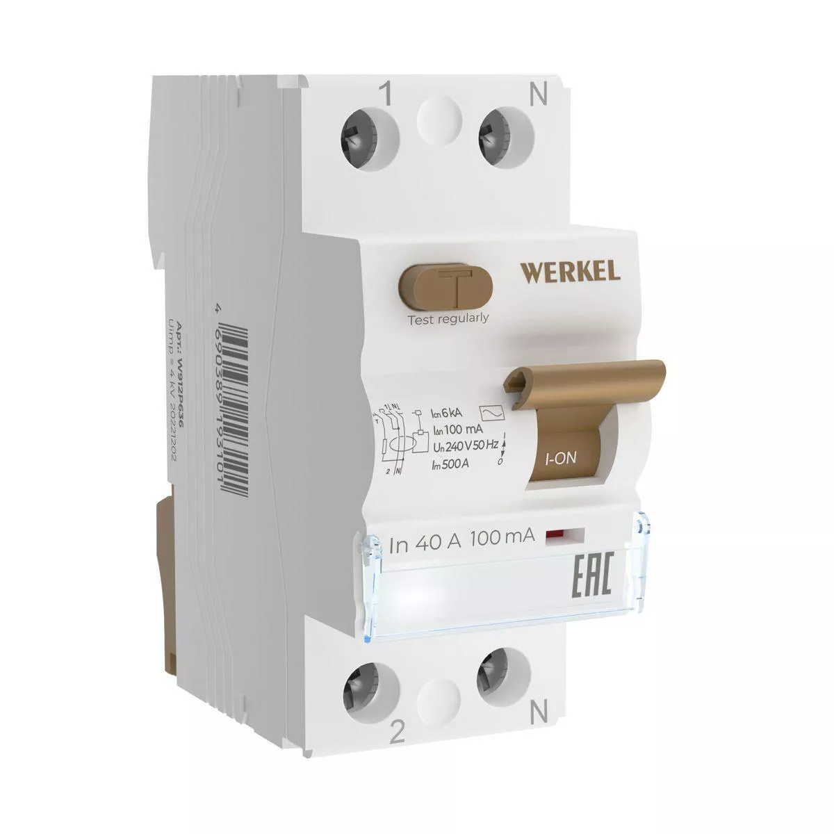 

Устройство защитного отключения Werkel 1P+N 40A 100mА АС 6kА W812P404