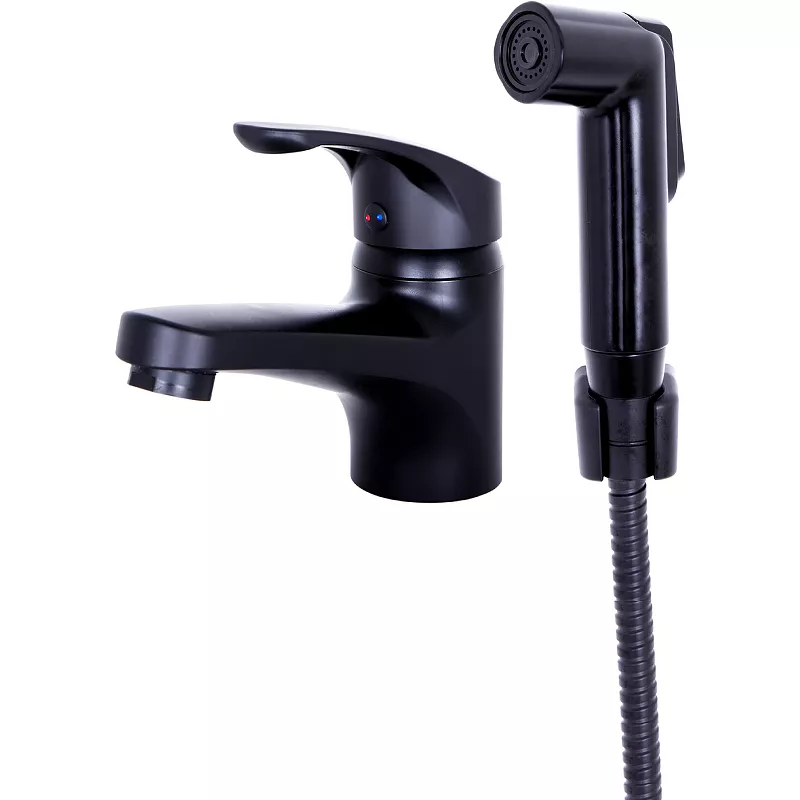 Смеситель для раковины OneLife черный матовый с гигиеническим душем P01-022b - фото 1