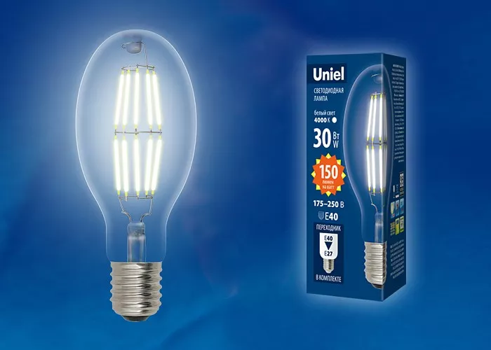 

Лампа светодиодная филаментная Uniel E40 30W 6500K прозрачная LED-ED90-30W/DW/E40/CL GLP05TR UL-00003761