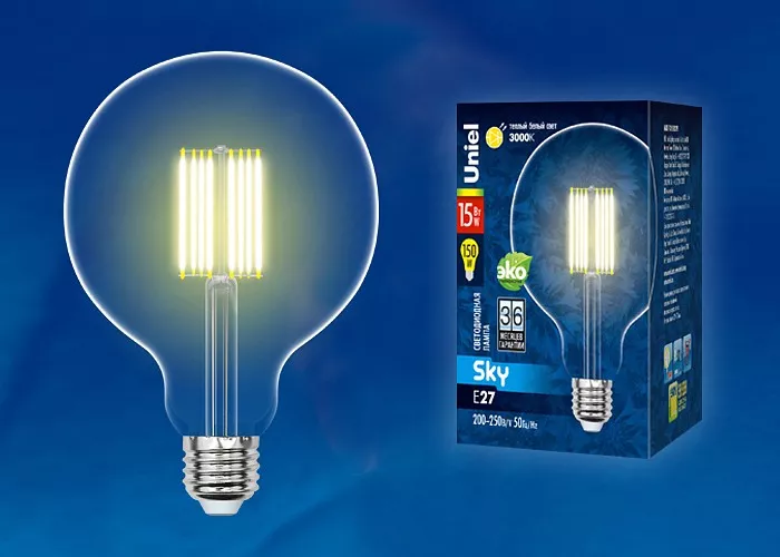 Лампа светодиодная филаментная Uniel E27 15W 3000K прозрачная LED-G125-15W/3000K/E27/CL PLS02WH UL-00004860 - фото 1