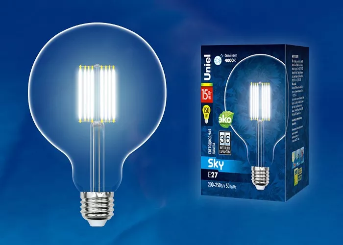 Лампа светодиодная филаментная Uniel E27 15W 4000K прозрачная LED-G125-15W/4000K/E27/CL PLS02WH UL-00004861 - фото 1