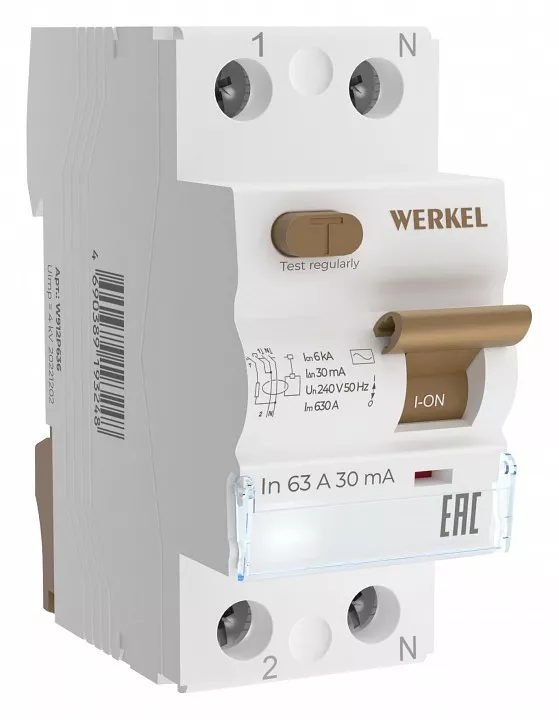 Устройство защитного отключения Werkel 1P+N 63A 30mА АС 6kА W912P636 4690389193125 - фото 1