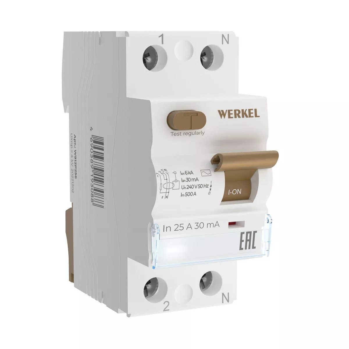 

Устройство защитного отключения Werkel 1P+N 25A 30mА АС 6kА W912P256 4690389193088